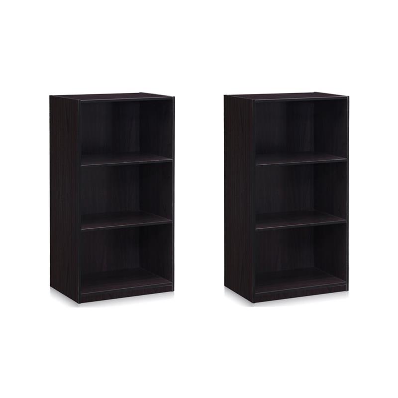 Pemberly Row Set of 2 Wood 3-Tier Bookcases Storage Shelves in Dark Walnut