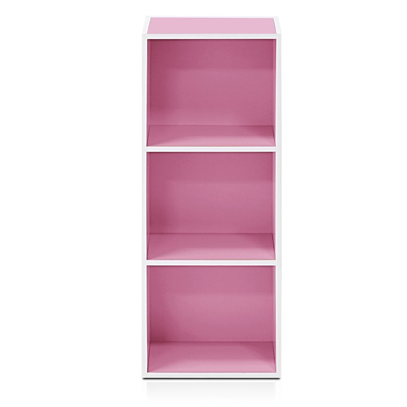 Pemberly Row Set of 2 Engineered Wood 3-Tier Open Shelf Bookcases in White/Pink