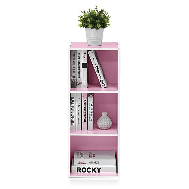 Pemberly Row Set of 2 Engineered Wood 3-Tier Open Shelf Bookcases in White/Pink
