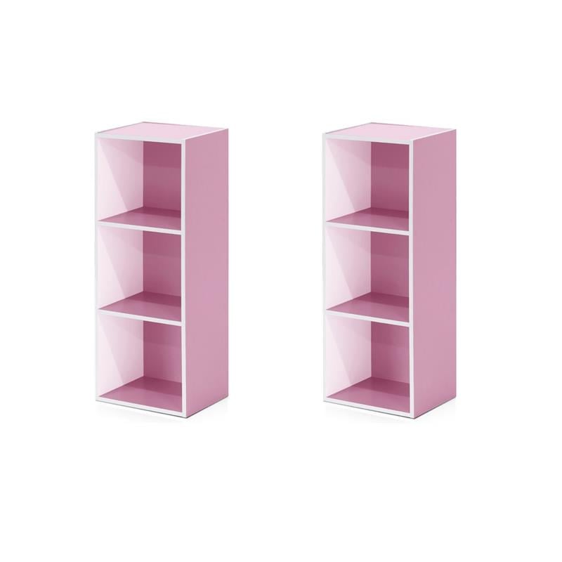 Pemberly Row Set of 2 Engineered Wood 3-Tier Open Shelf Bookcases in White/Pink