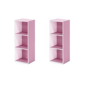 Pemberly Row Set of 2 Engineered Wood 3-Tier Open Shelf Bookcases in White/Pink