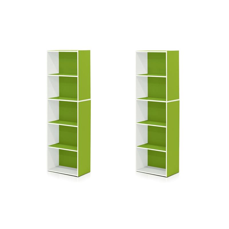 Pemberly Row Set of 2 Wood 5-Tier Reversible Open Shelf Bookcases in Green