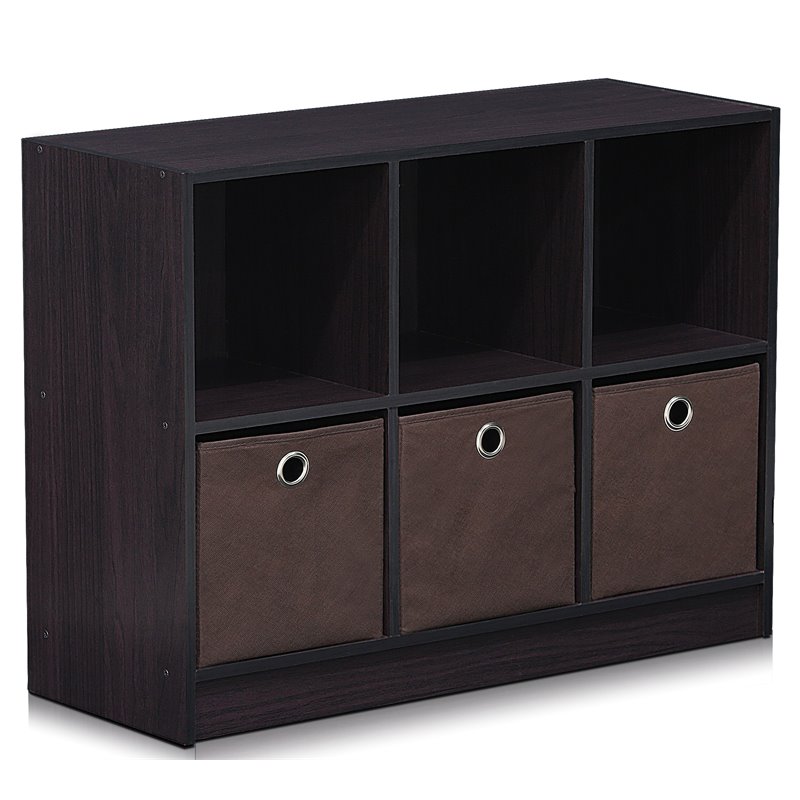 Pemberly Row Set of 2 Wood 3x2 Bookcases Storage with Bins in Dark Walnut