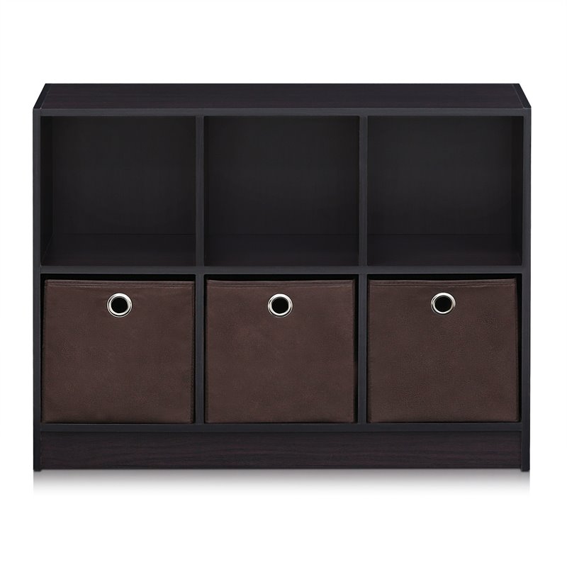 Pemberly Row Set of 2 Wood 3x2 Bookcases Storage with Bins in Dark Walnut