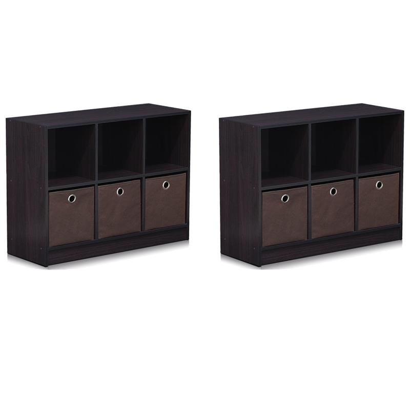 Pemberly Row Set of 2 Wood 3x2 Bookcases Storage with Bins in Dark Walnut