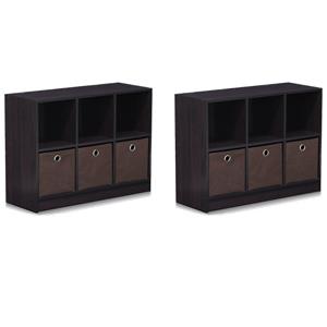 Pemberly Row Set of 2 Wood 3x2 Bookcases Storage with Bins in Dark Walnut