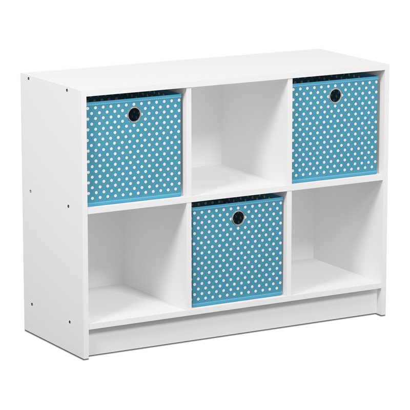 Pemberly Row Set of 2 Wood 3x2 Bookcases Storage with Bins in White/Light Blue