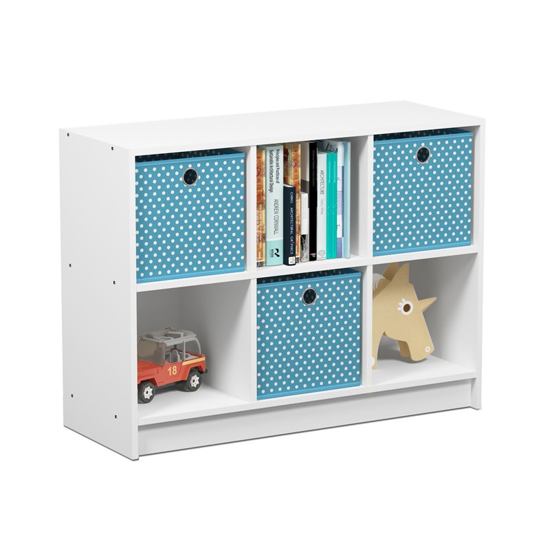 Pemberly Row Set of 2 Wood 3x2 Bookcases Storage with Bins in White/Light Blue