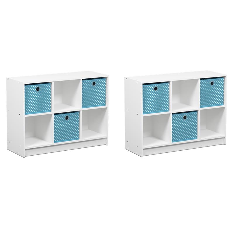 Pemberly Row Set of 2 Wood 3x2 Bookcases Storage with Bins in White/Light Blue