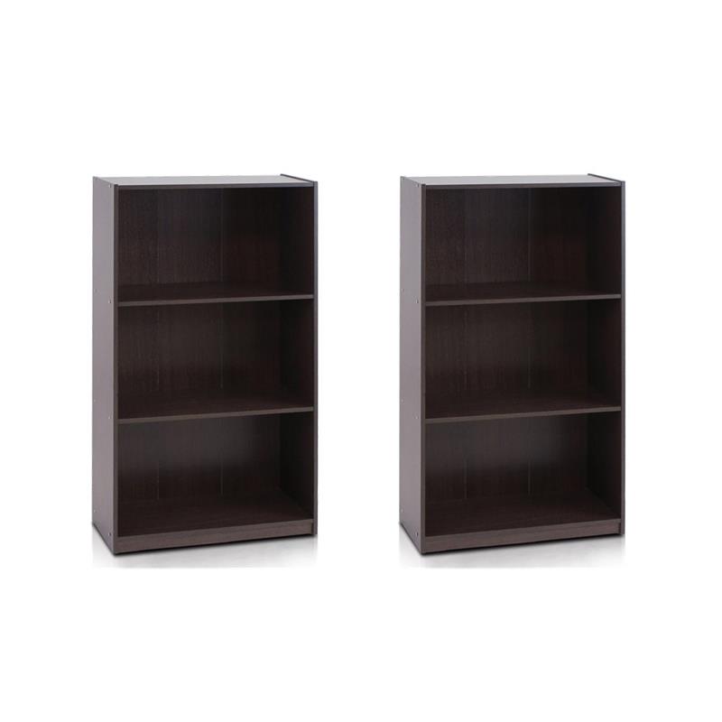 Pemberly Row Set of 2 Wood 3-Tier Bookcases Storage Shelves in Dark Brown