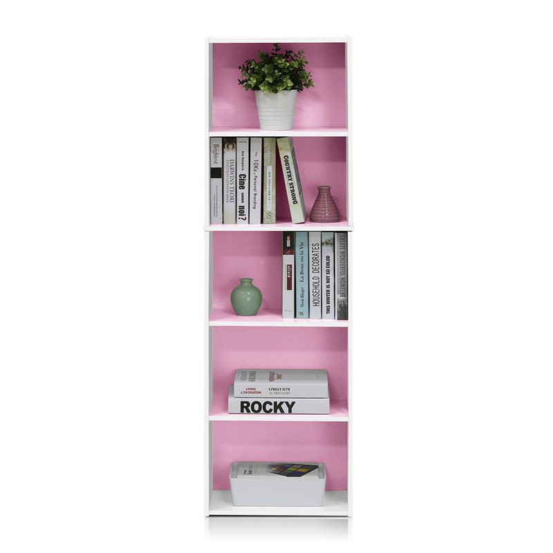 Pemberly Row Set of 2 Wood 5-Tier Reversible Open Shelf Bookcases in Pink