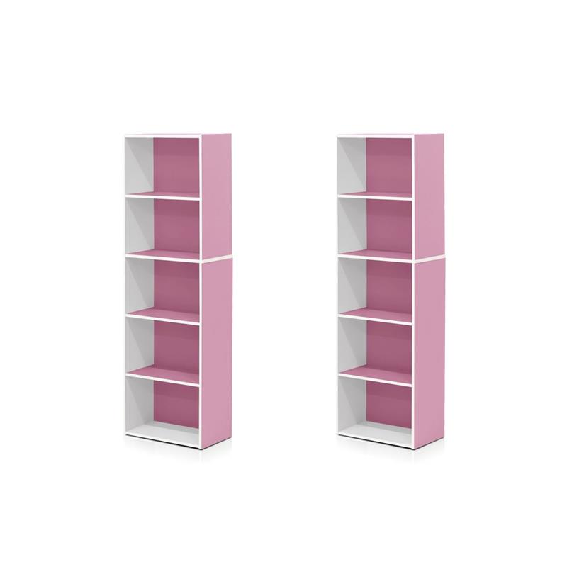 Pemberly Row Set of 2 Wood 5-Tier Reversible Open Shelf Bookcases in Pink