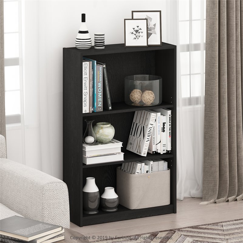 Pemberly Row Set of 2 Wood 3-Tier Adjustable Shelf Bookcases in Black