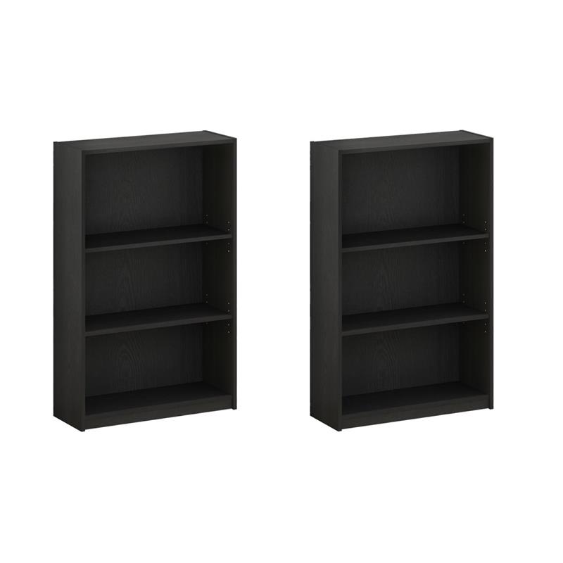 Pemberly Row Set of 2 Wood 3-Tier Adjustable Shelf Bookcases in Black