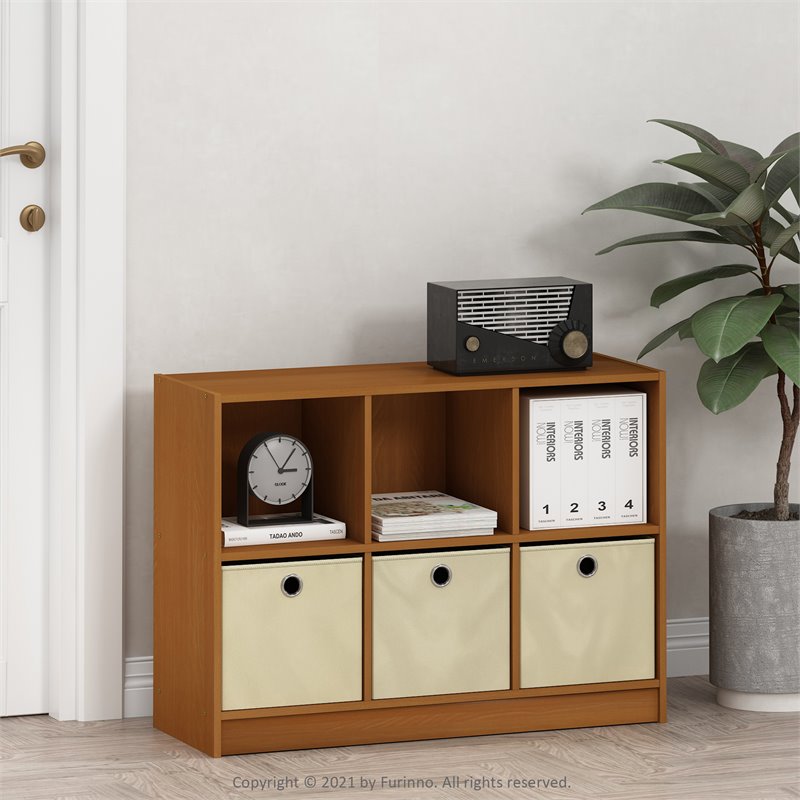 Pemberly Row Set of 2 Wood 3x2 Bookcases Storage with Bins in Light Cherry/Ivory