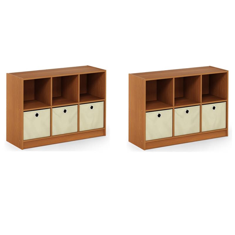 Pemberly Row Set of 2 Wood 3x2 Bookcases Storage with Bins in Light Cherry/Ivory