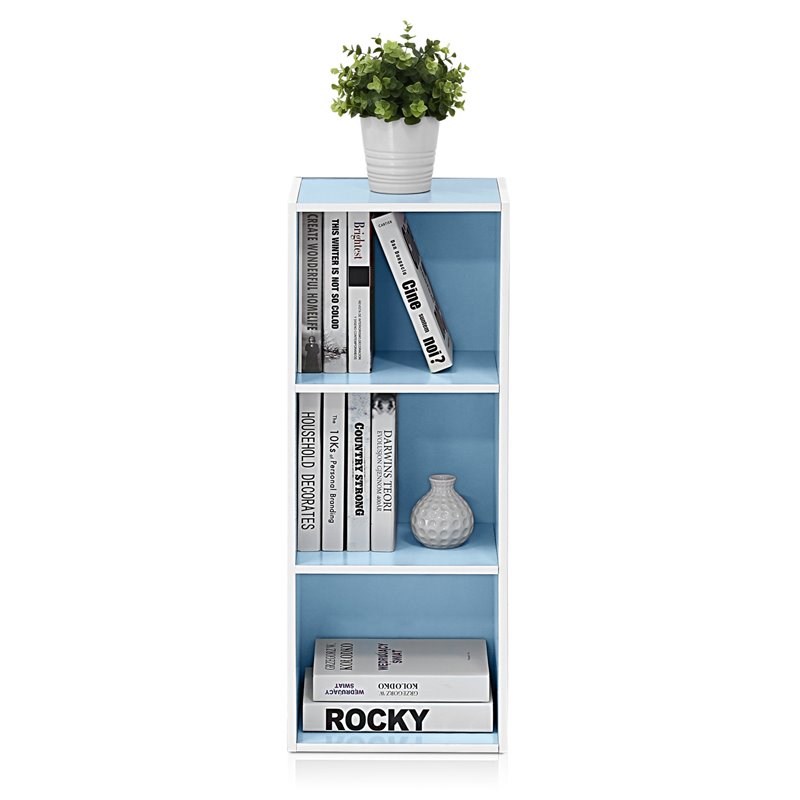 Pemberly Row Set of 2 Wood 3-Tier Open Shelf Bookcases in White/Light Blue