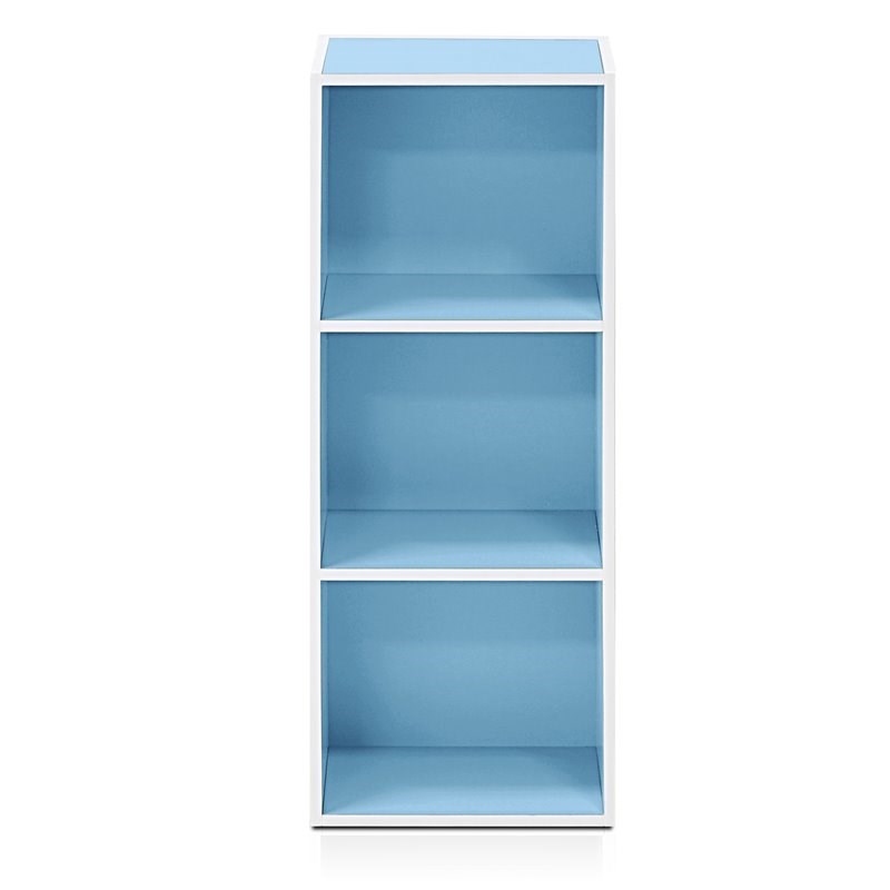 Pemberly Row Set of 2 Wood 3-Tier Open Shelf Bookcases in White/Light Blue