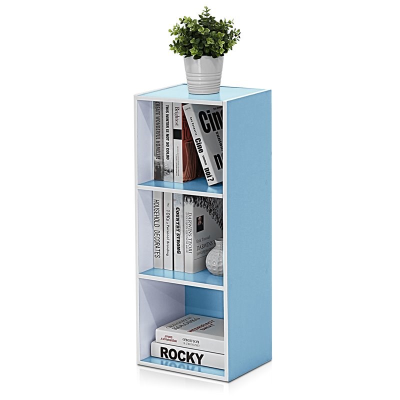 Pemberly Row Set of 2 Wood 3-Tier Open Shelf Bookcases in White/Light Blue