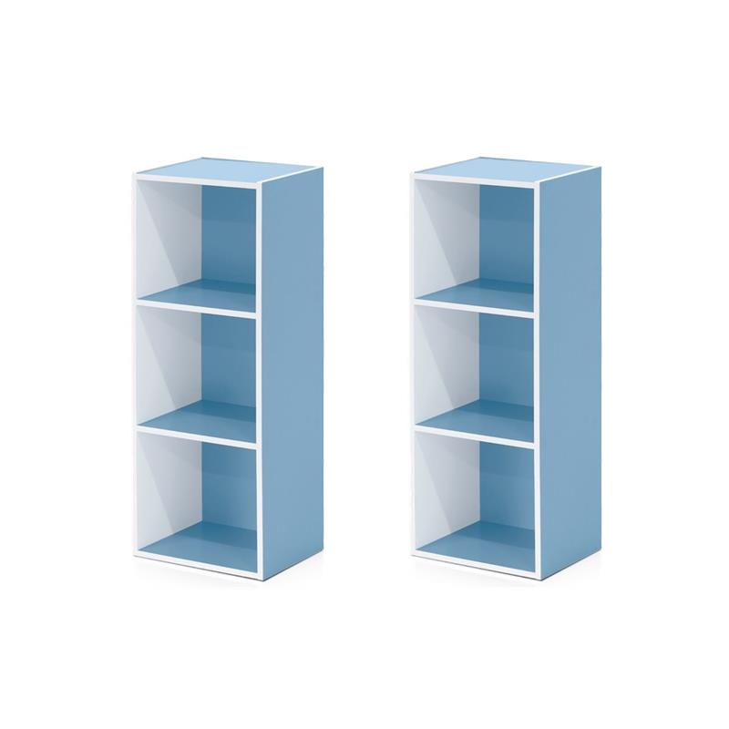 Pemberly Row Set of 2 Wood 3-Tier Open Shelf Bookcases in White/Light Blue