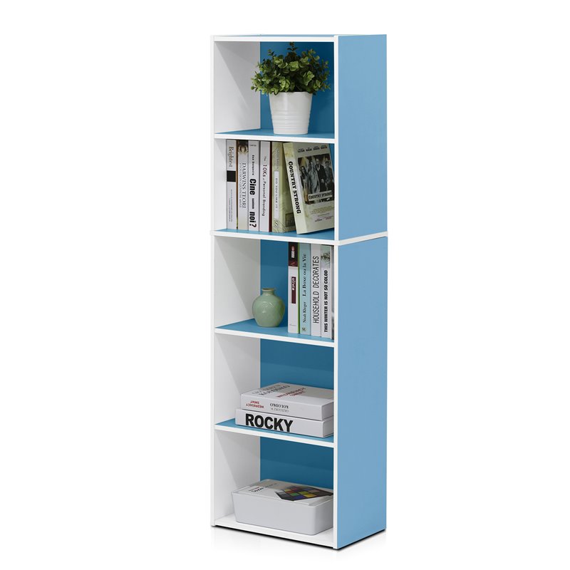 Pemberly Row Set of 2 Wood 5-Tier Reversible Open Shelf Bookcases in Blue