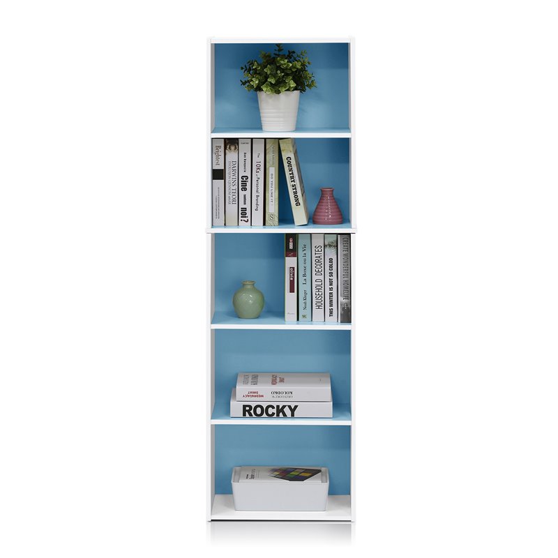 Pemberly Row Set of 2 Wood 5-Tier Reversible Open Shelf Bookcases in Blue