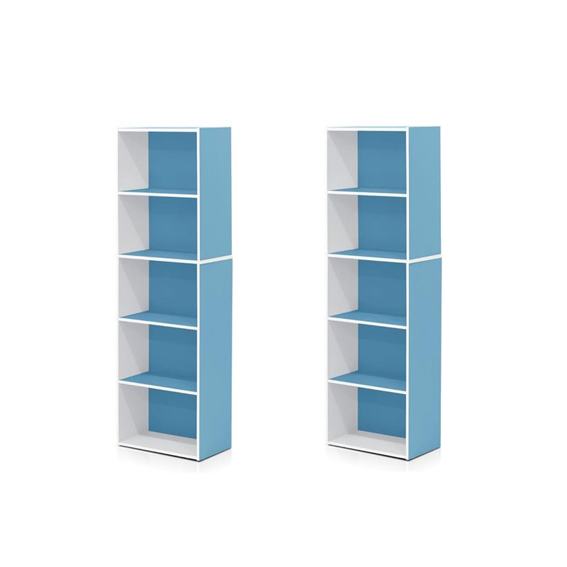 Pemberly Row Set of 2 Wood 5-Tier Reversible Open Shelf Bookcases in Blue