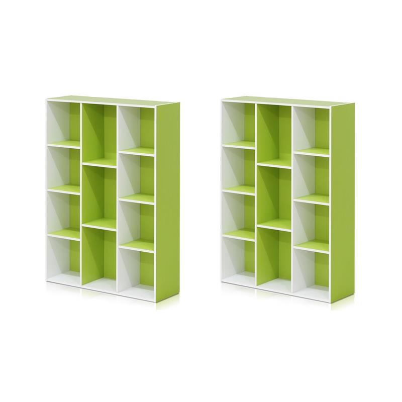 Pemberly Row Set of 2 Wood 11-Cube Reversible Open Shelf Bookcases in Green