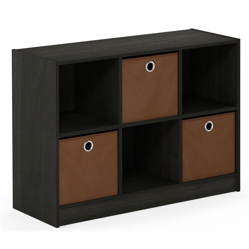 Pemberly Row Set of 2 Wood 3x2 Bookcases Storage with Bins in Espresso/Brown