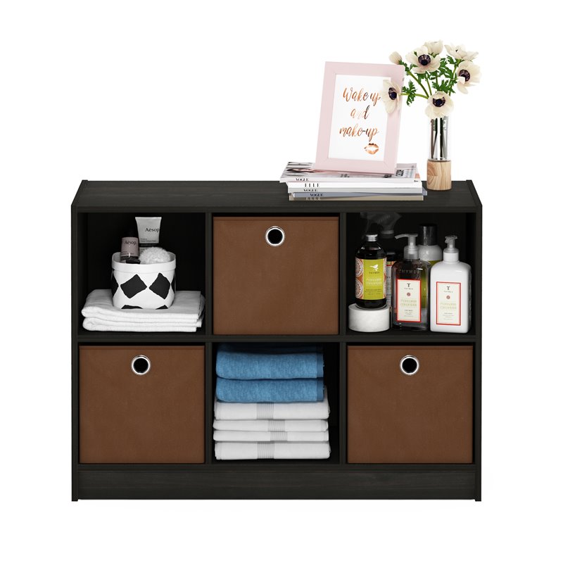 Pemberly Row Set of 2 Wood 3x2 Bookcases Storage with Bins in Espresso/Brown
