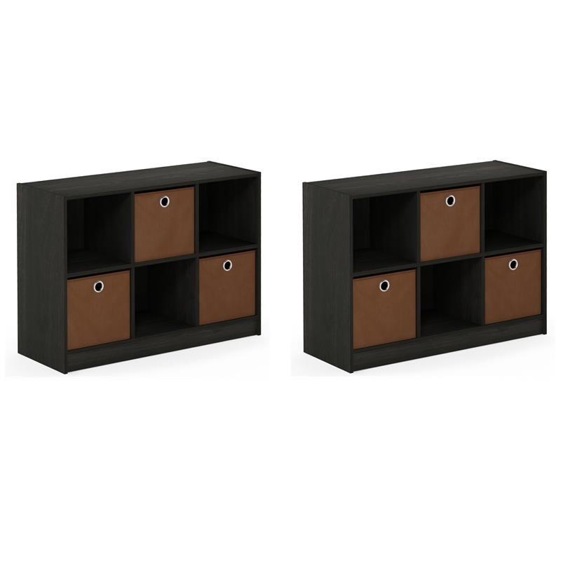 Pemberly Row Set of 2 Wood 3x2 Bookcases Storage with Bins in Espresso/Brown