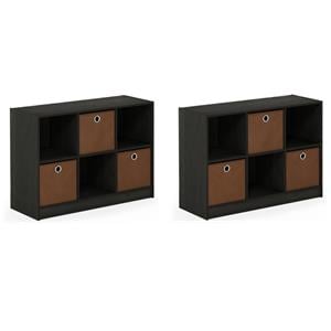 Pemberly Row Set of 2 Wood 3x2 Bookcases Storage with Bins in Espresso/Brown