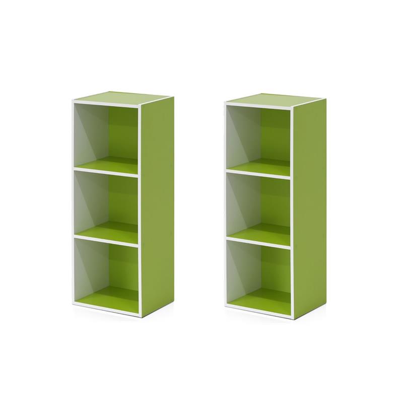 Pemberly Row Set of 2 Engineered Wood 3-Tier Open Shelf Bookcases in White/Green