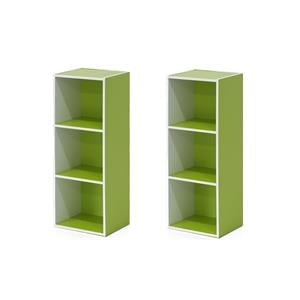 Pemberly Row Set of 2 Engineered Wood 3-Tier Open Shelf Bookcases in White/Green