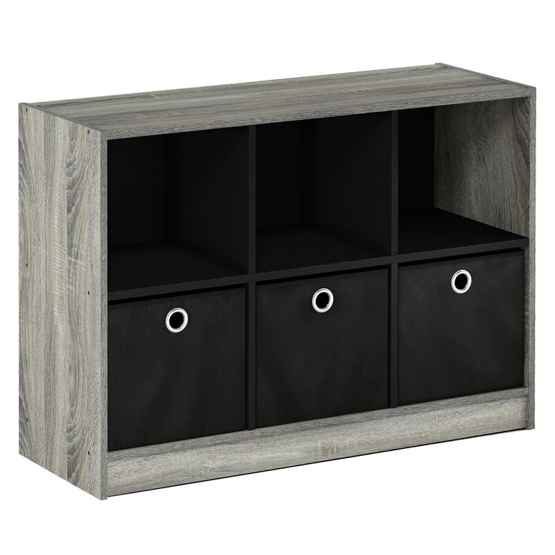 Pemberly Row Set of 2 3x2 Bookcases Storage with Bins in French Oak Gray/Black
