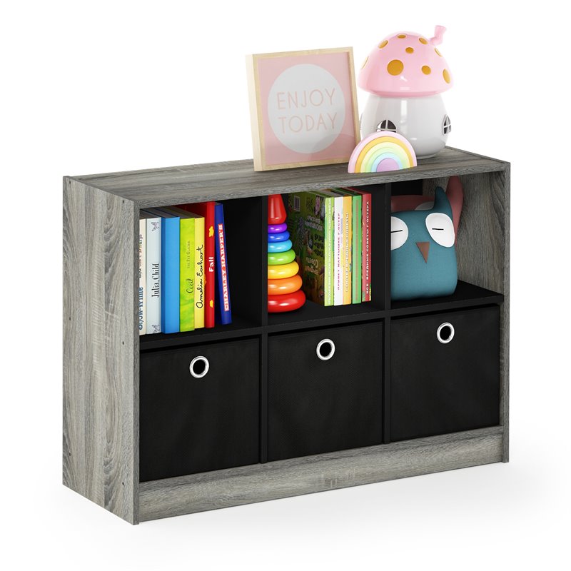 Pemberly Row Set of 2 3x2 Bookcases Storage with Bins in French Oak Gray/Black
