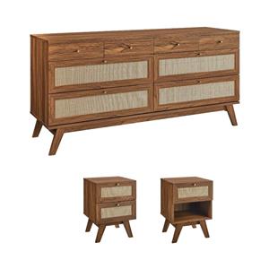 Pemberly Row Set of 3 - Bedroom Dresser and 2 Nightstands in Walnut