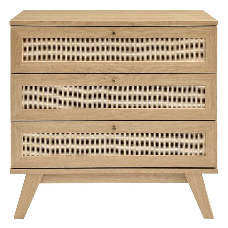 Pemberly Row Set of 2 Rattan MDF and Particleboard Nightstand and Dresser in Oak