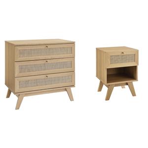 Pemberly Row Set of 2 Rattan MDF and Particleboard Nightstand and Dresser in Oak