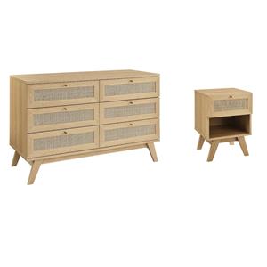 Pemberly Row Set of 2 Rattan MDF and Particleboard Nightstand and Dresser in Oak