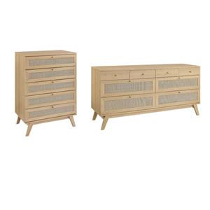 Pemberly Row Set of 2 Rattan MDF and Particleboard Dresser and Chest in Oak