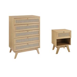 Pemberly Row Set of 2 Rattan MDF and Particleboard Nightstand and Chest in Oak