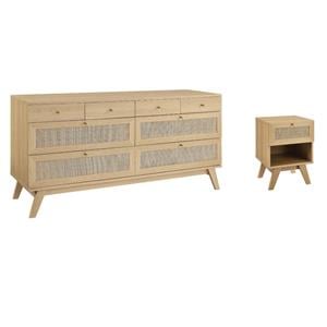 Pemberly Row Set of 2 Rattan MDF and Particleboard Nightstand and Dresser in Oak