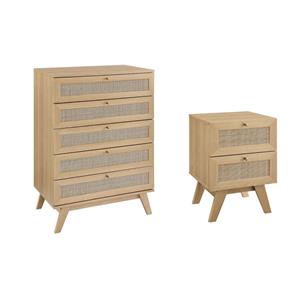 Pemberly Row Set of 2 Rattan MDF and Particleboard Nightstand and Chest in Oak