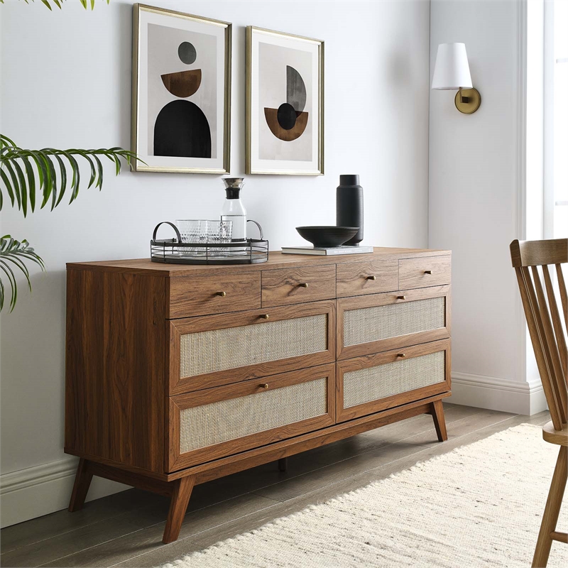 Pemberly Row Set of 2 8-Drawer Bedroom Dresser and Nightstand in Walnut