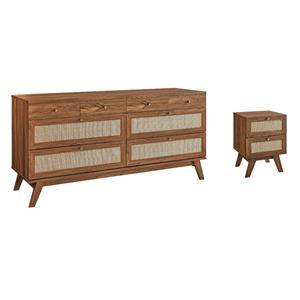 Pemberly Row Set of 2 2-Drawer Nightstand and 8-Drawer Bedroom Dresser in Walnut