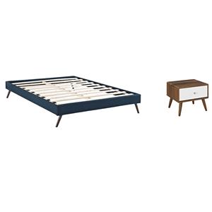 Pemberly Row Set of 2 Queen Bed Frame in Azure and Nightstand in Walnut/White