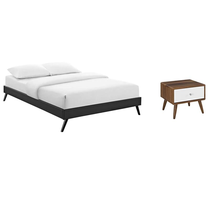 Pemberly Row Set of 2 Full Bed Frame in Black and Nightstand in Walnut/White