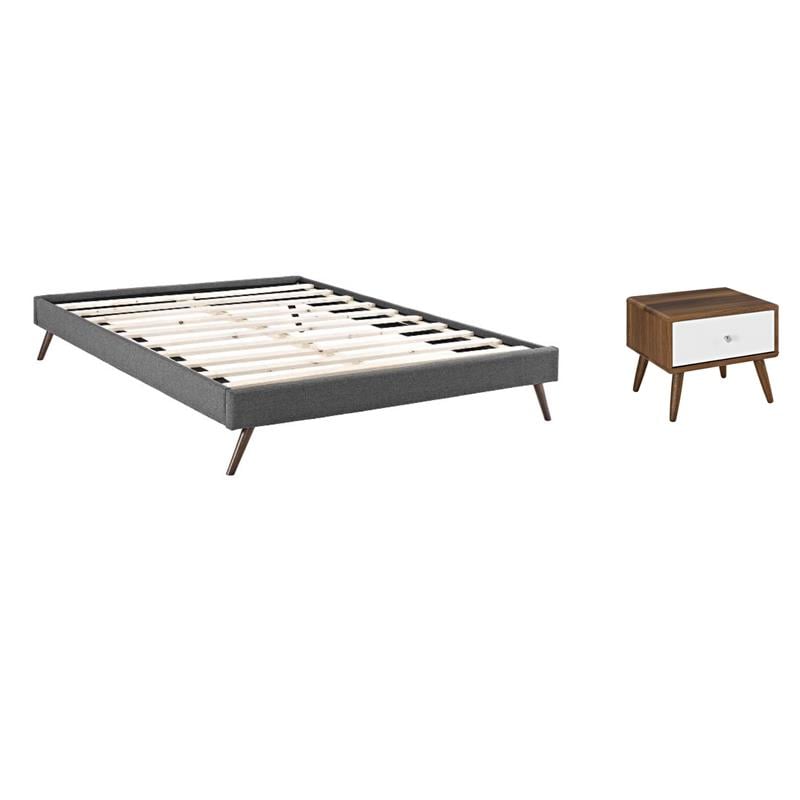 Pemberly Row Set of 2 Queen Bed Frame in Gray and Nightstand in Walnut/White