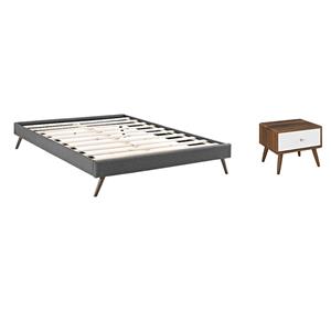 Pemberly Row Set of 2 Queen Bed Frame in Gray and Nightstand in Walnut/White